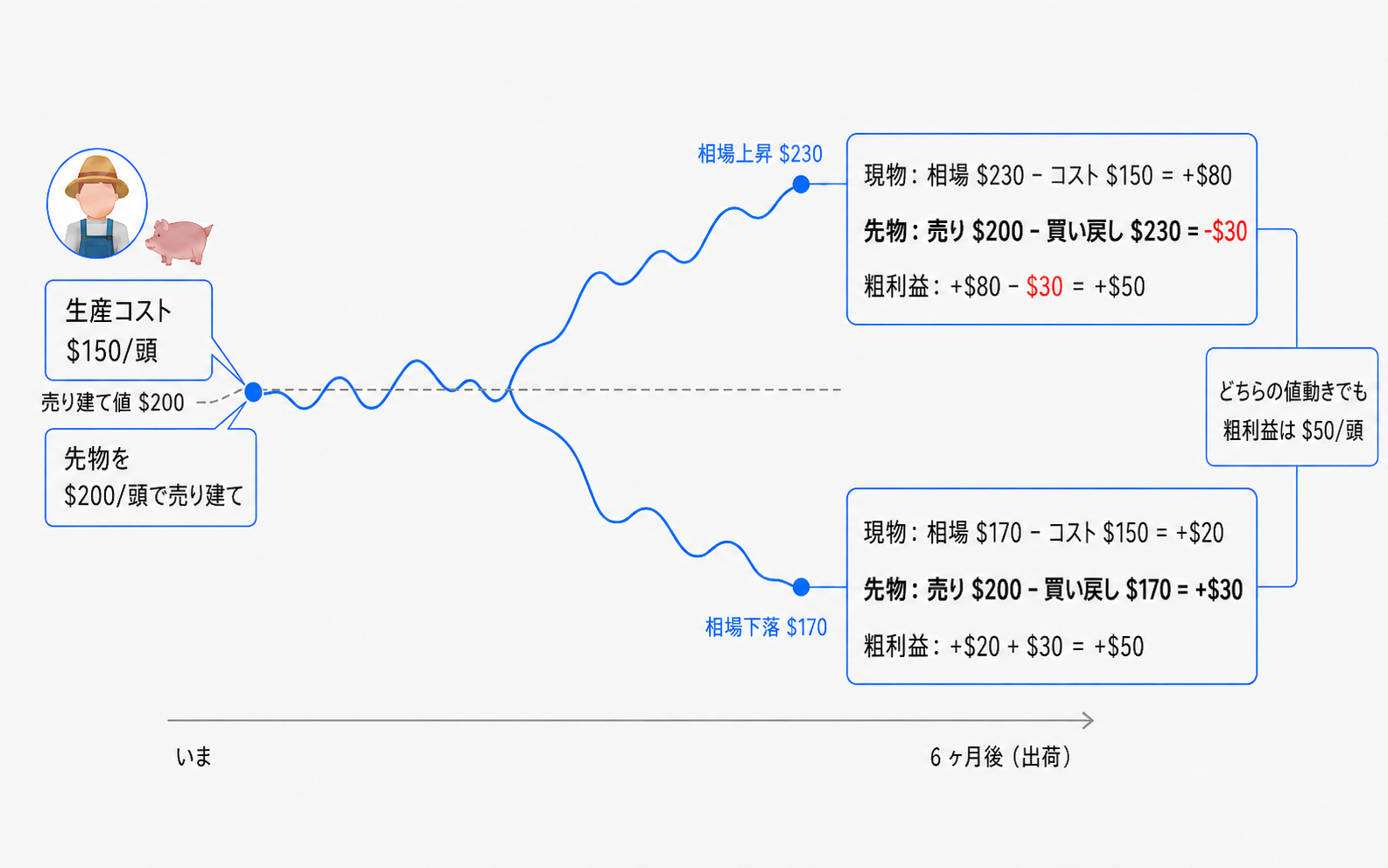 売りヘッジの例。いま生産コスト$150/頭・先物を$200/頭で売り建て。6ヶ月後に相場が$230へ上昇した場合は現物+$80と先物−$30、$170へ下落した場合は現物+$20と先物+$30で、どちらの値動きでも粗利益は$50/頭に固定されることを示す分岐チャート