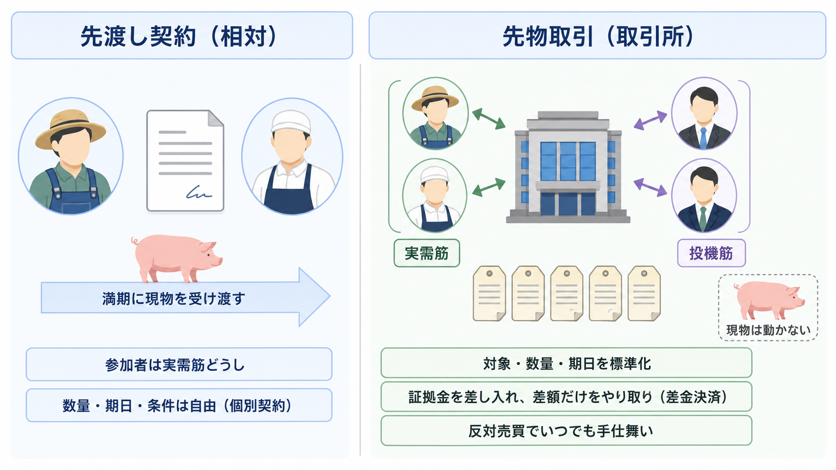 左パネル: 先渡し契約(相対)— 生産者とパッカーが個別契約を結び、満期に現物の豚を受け渡す。右パネル: 先物取引(取引所)— 実需筋と投機筋が取引所の標準化契約を売買し、現物の豚は動かず、証拠金と差金決済・反対売買で取引する対比図