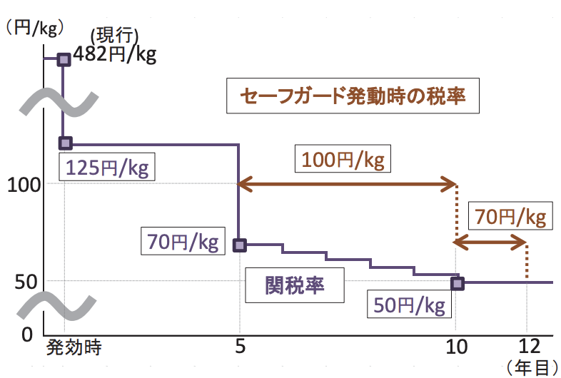 従量税部分の関税率とセーフガード発動時の税率。通常の関税率は現行482円/kgから発効時125円/kg、5年目70円/kg、10年目50円/kgへ下がる。発動時は100円/kg(5〜10年目)・70円/kg(10〜12年目)へ引き上げられる